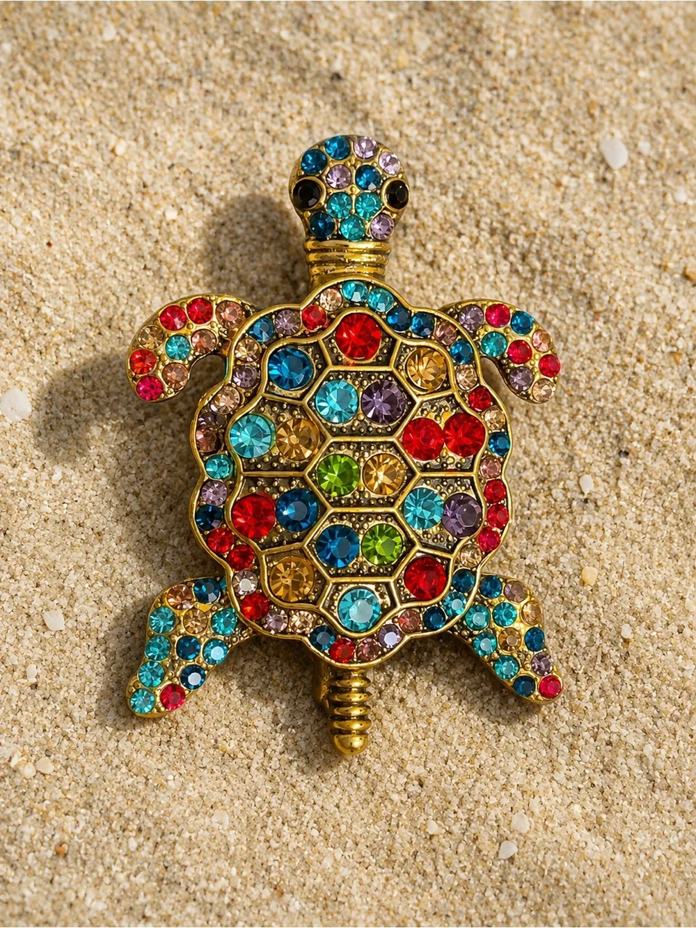 Gold-Tone Multicolor Turtle Brooch with Sparkling Crystals